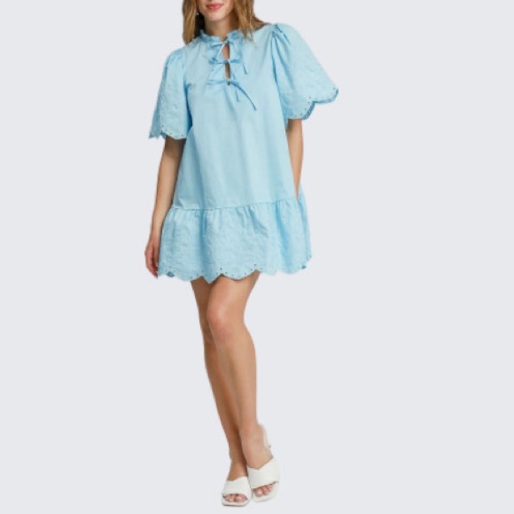 Umgee Light Blue Eyelet Tie-Front Mini Dress